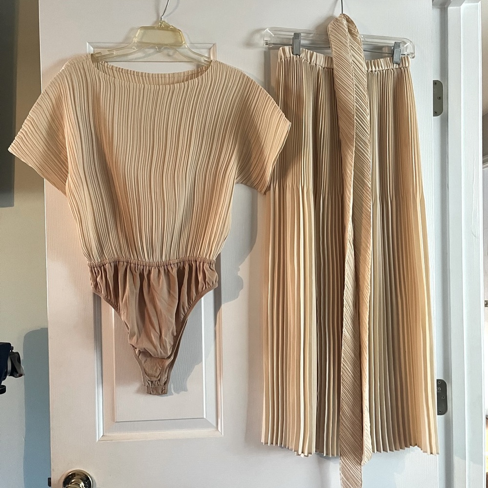 Vintage Jeanne Marc matching bodysuit, belt, and skirt